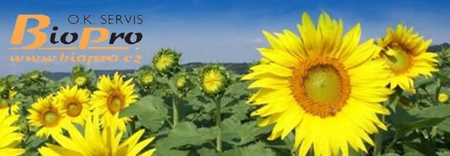 Rozkvetlé slunečnice na poli s logem společnosti BioPro.
