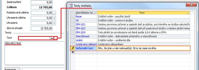 Dialogové okno pro správu textů dokladů v systému Vario.