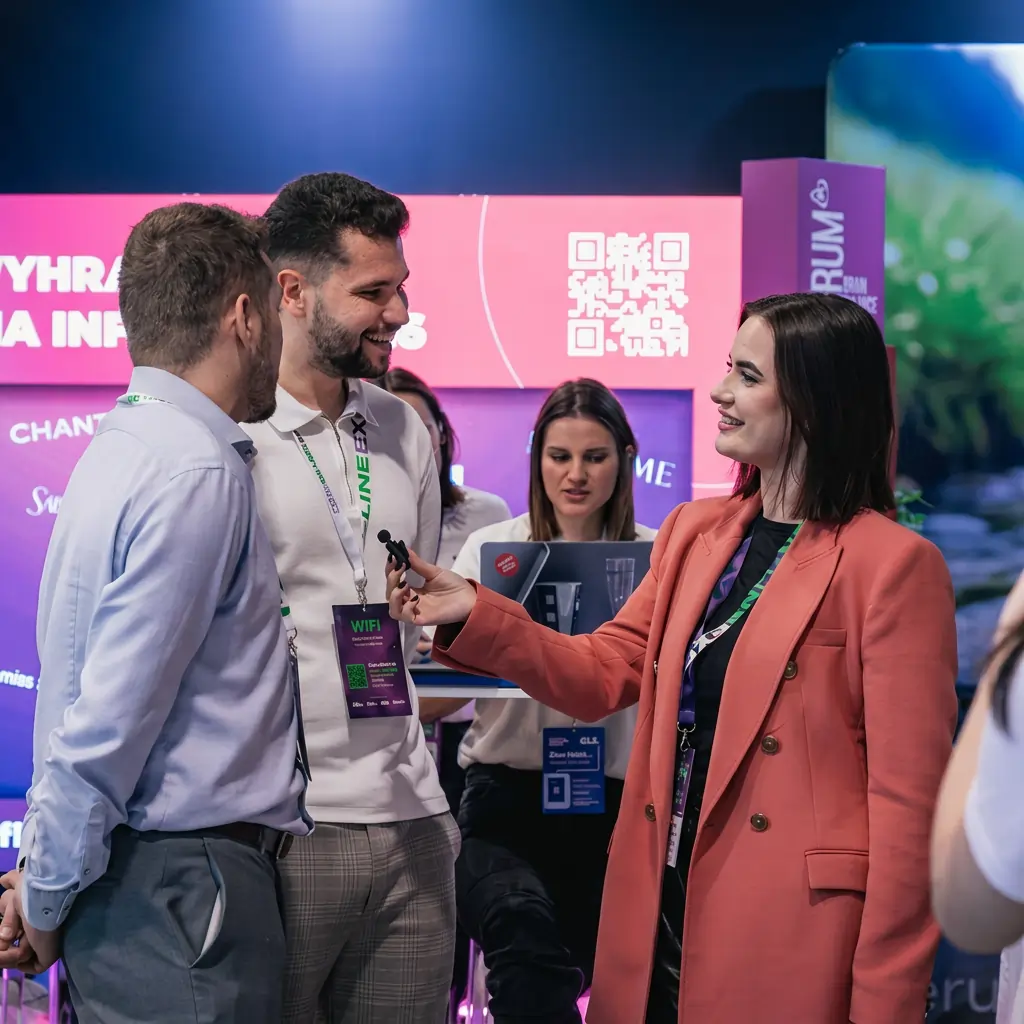 Žena vede rozhovor se dvěma muži na výstavním stánku během veletrhu.
