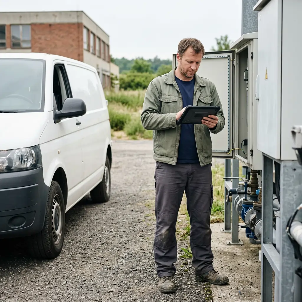 Servisní technik kontroluje technologické zařízení pomocí tabletu vedle servisní dodávky.
