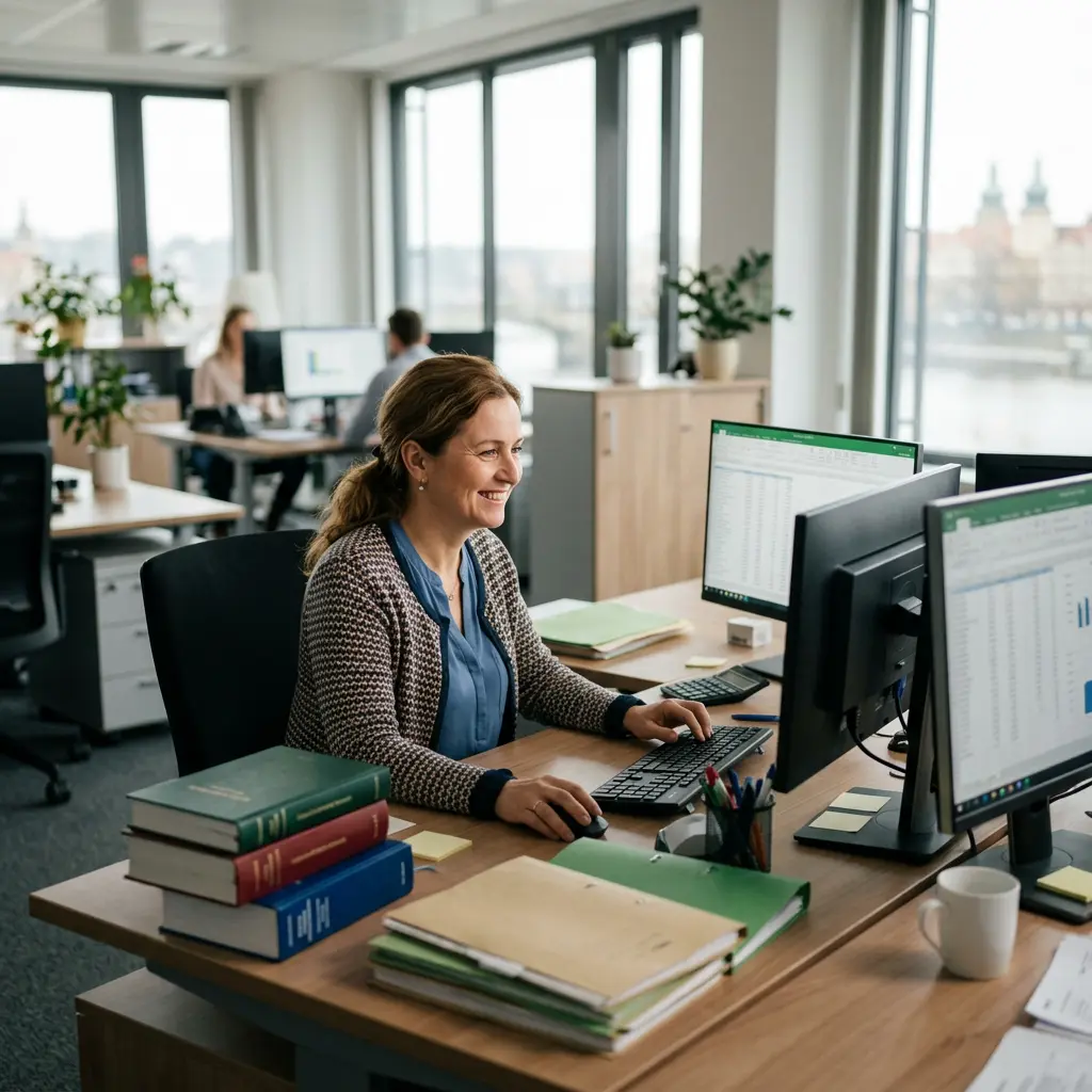 Účetní pracuje u počítače s tabulkami a účetními dokumenty v moderní kanceláři.