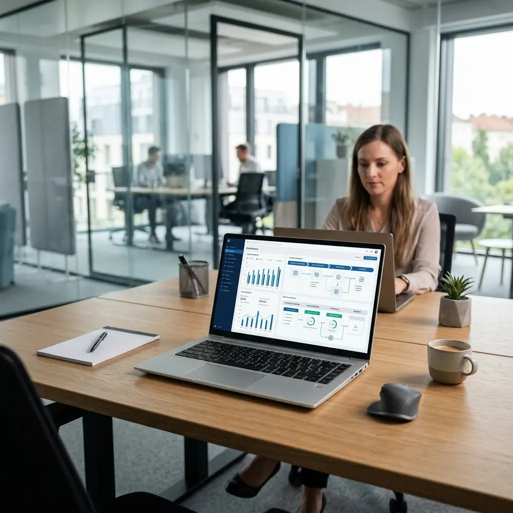 Žena pracuje na notebooku s přehledovým dashboardem v moderní kanceláři.