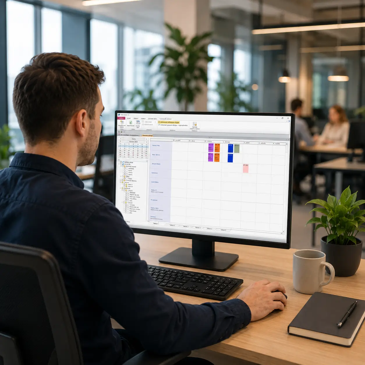 Muž pracuje u počítače s kalendářem a plánem zakázek zobrazeným na monitoru.